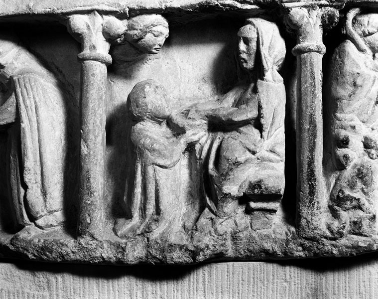 Partie droite, scène n°21. Femme enseignant le catéchisme à un enfant.