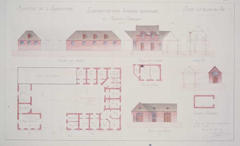 Dépôt d'étalons du Pin, construction d'une infirmerie vétérinaire, magasins à fourrages. [détail du magasin de fourrage, droite du document] ; Dépôt d'étalons du Pin, construction d'une infirmerie vétérinaire, magasins à fourrages.- Plans, façades, coupes, Y. Sandret (architecte), 12 mai 1907. (AD Orne).