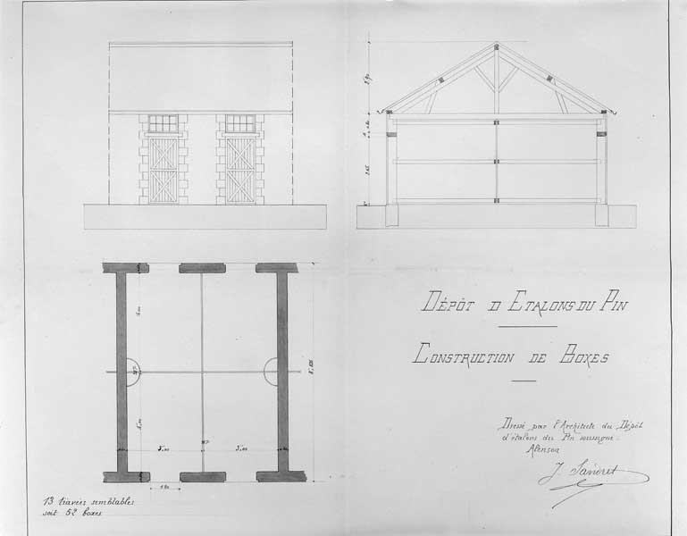 Dépôt d'étalons du Pin, construction de boxes.- Plan, Sandret (AD Orne). ; Dépôt d'étalons du Pin, construction de boxes.- Plan, Sandret (AD Orne).