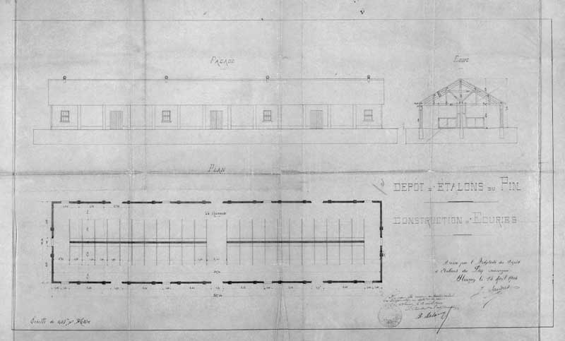 Coupe : écuries, construction d'écuries, plan, élévation.- Plan, Sandret, 14 avril 1904 (AD Orne).