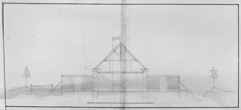 Etablissement dans un herbage de 4 loges pour étalons avec chacun une cour ; avec logement central pour un palefrenier, pour le séjour d'été.- Coupe, Desessart, 18 mars 1808. (AD Orne).