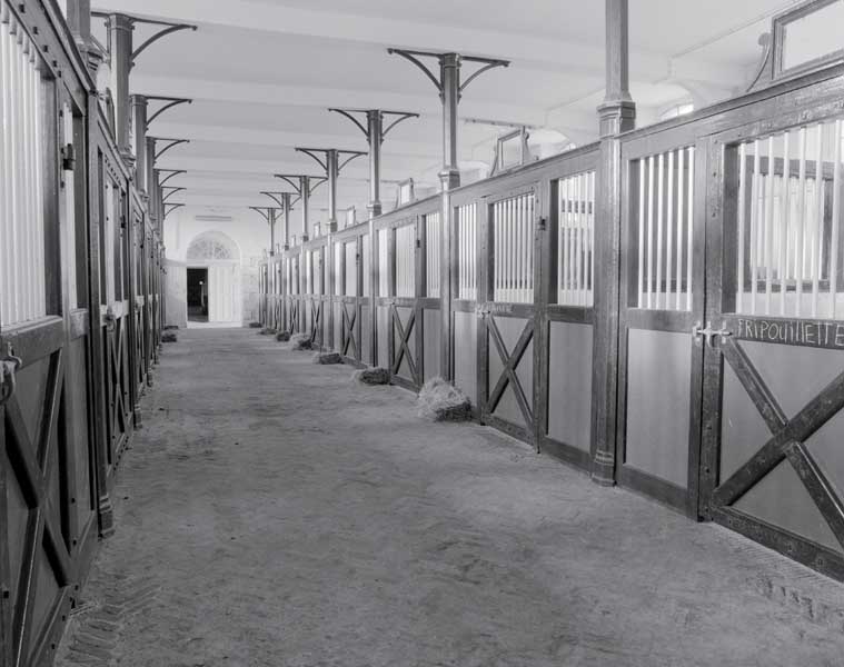 Ecurie du Pavillon, vue intérieure, écurie double avec boxes.
