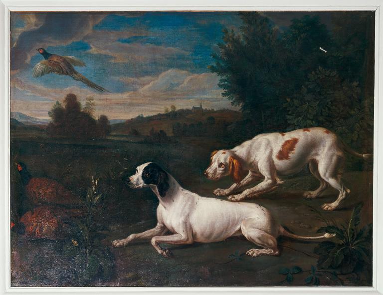 Ensemble de 4 dessus-de-porte : Chiens levant des faisans, Chien levant des perdrix, Coq faisan, Oiseaux de basse-cour