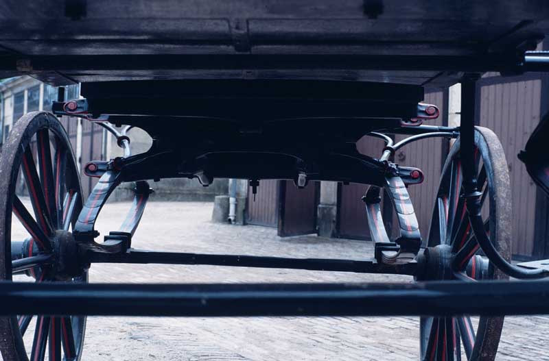 Détail : vue du dessous de la voiture (essieux).