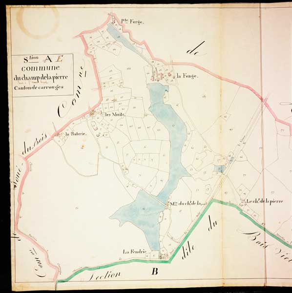 Extrait du plan cadastral de la commune du Champ-de-la-Pierre, section A, vers 1825 (AD Orne. 3P2 085).