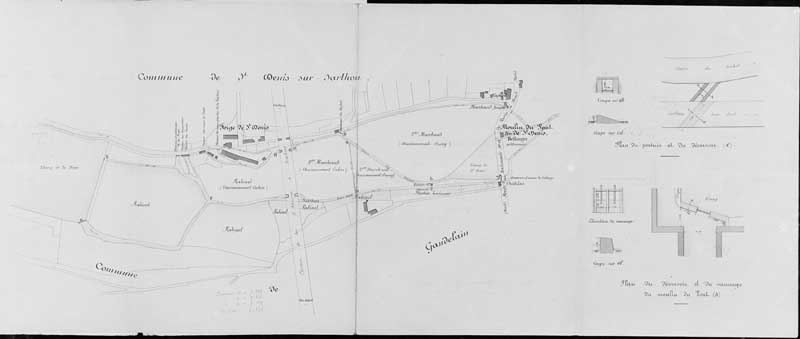 Plan accompagnant la pétition présentée par le sieur Bellanger, propriétaire du moulin de Saint-Denis ou du Pont à l'effet de provoquer le réglement de cette usine.- Plan, 28 juillet 1883. (AD Orne. S 1075). ; Plan accompagnant la pétition présentée par le sieur Bellanger, propriétaire du moulin de Saint-Denis ou du Pont à l'effet de provoquer le réglement de cette usine.