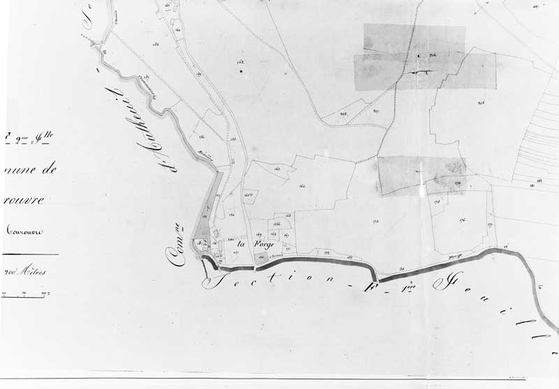 Tourouvre, la forge. Extrait du plan cadastral de la commune de Tourouvre, section F, 2e feuille.- Plan cadastral, s.d., vers 1825. (AD Orne. 3P2 491).