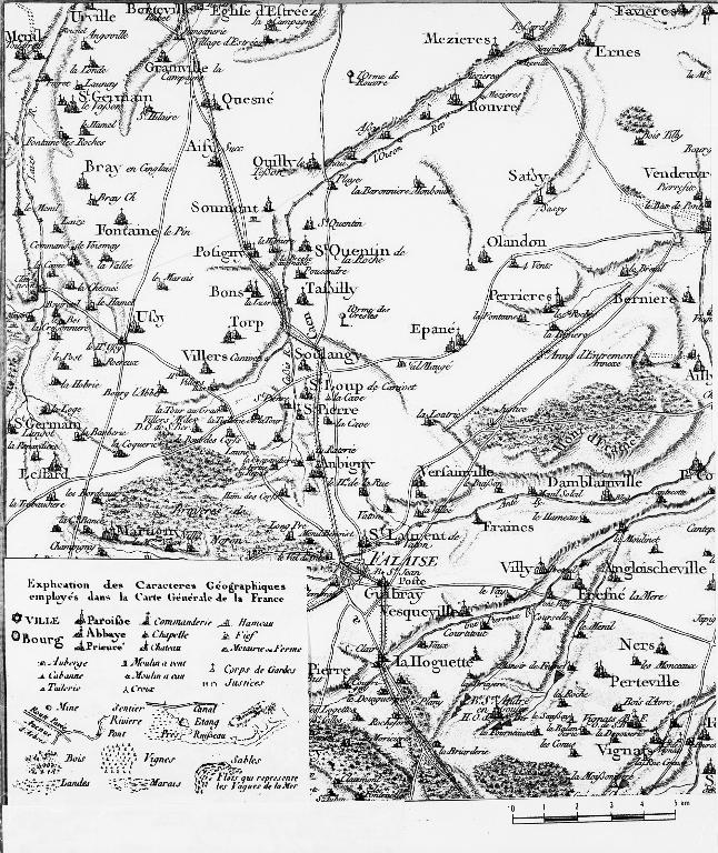 Carte de Cassini : Rouvres, Quilly, St Loup, Falaise, Damblanville, Mezieres.- Carte ancienne.