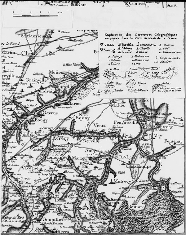 Carte de Cassini : Cheux, Evrecy, Feuguerolles, Fierville, Boulon.- Carte ancienne.