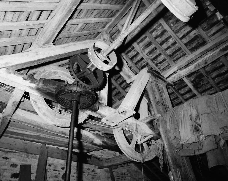 Intérieur de l'atelier de fabrication, combles, engrenages et transmission.