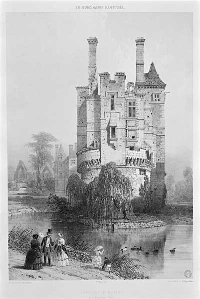 Le château d'Aubry en Exmes.- Lithographie, F. Benoist, lith. Charpentier, tirée de : "La Normandie illustrée", 1852, tome 2 (BM Caen).