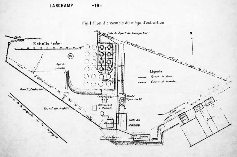 Plan d'ensemble du siège d'extraction.- Plan, s.d, tiré de : LEMENOREL, Alain. Les conditions de l'industrialisation en Basse-Normandie : Mines et mineurs de 1800 à 1914.