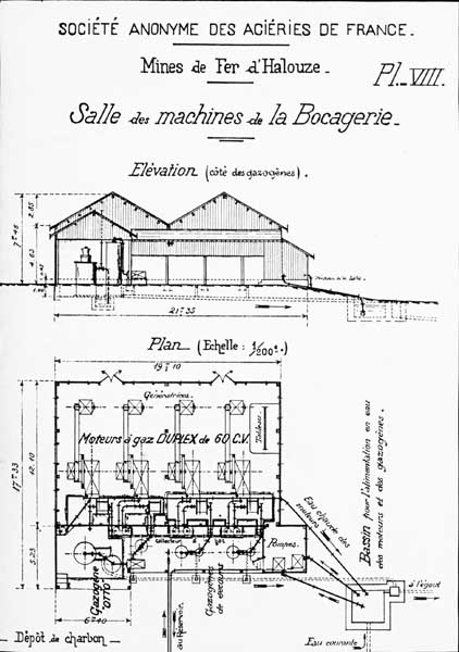 Salle des machines de la Bocagerie.- Plan et élévation, vers 1924, tirés de : LEMENOREL, Alain. Les conditions de l'industrialisation en Basse-Normandie : Mines et mineurs de 1800 à 1914.