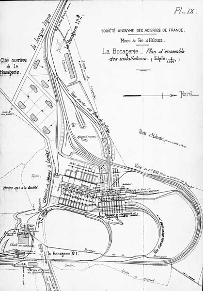 La Bocagerie, plan d'ensemble des installations.- Plan, s.d., vers 1924, tiré de : LEMENOREL, Alain. Les conditions de l'industrialisation en Basse-Normandie : Mines et mineurs de 1800 à 1914.
