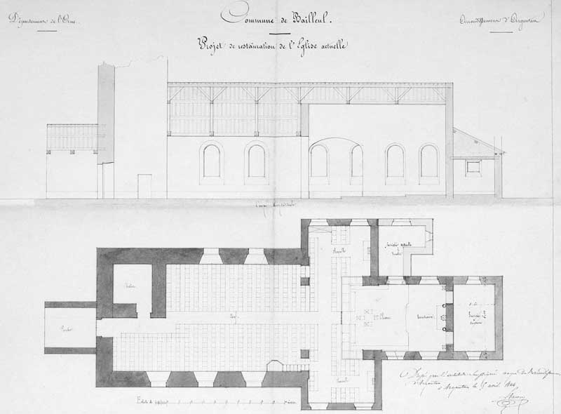Projet de restauration de l'église actuelle.- Plan et coupe, par l'architecte voyer de l'arrondissement d'Argentan, 1844..