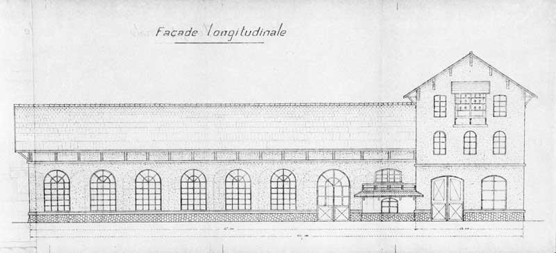 Usines de Putanges et de Saint Philbert. Société civile Normande d'études de l'aménagement des bassins de l'Orne et de ses affluents. Aménagements des chutes de Putanges et de Saint Philbert comprises entre le moulin de Sérans, près d'Ecouché, et le confluent de l'Orne et de la Rouvre à Saint Philbert. Usine de Saint Philibert. Plan de l'usine. Façade longitudinale.