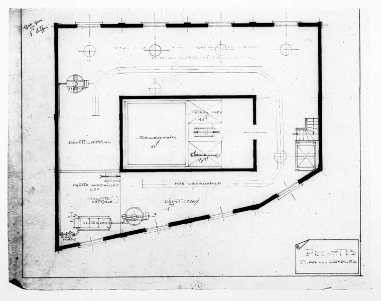 Atelier de fabrication dit de nouvelle trituration. Projet B, plan des combles.- Plan, s.d. (Collection particulière).