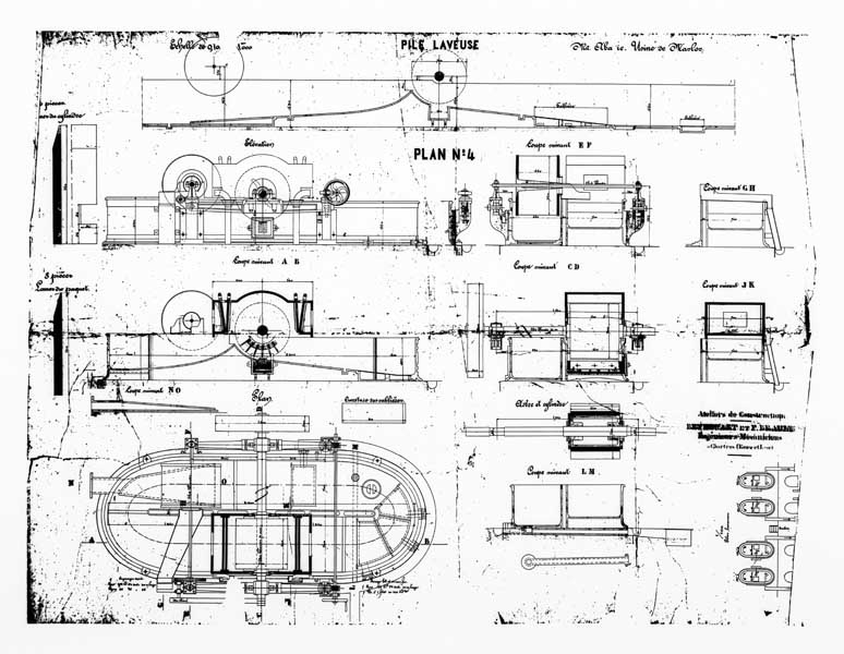 Pile laveuse. Mr Abadie. Usine de Masles. Plan n°4.- Plan, coupe, élévation, s.d. (Collection particulière).