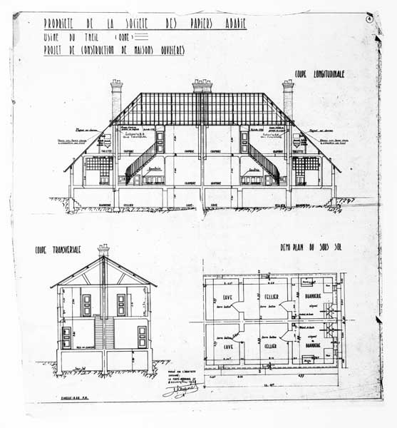 Logements d'ouvriers, rue de la Fontaine. Propriété de la Société des papiers Abadie. Usine du Theil (Orne). Projet de construction de maisons ouvriéres.- Plan, coupes, 1938. (Collection particulière).