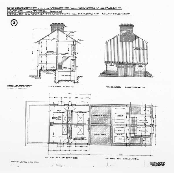 Logements d'ouvriers. Propriéte de la Société des papiers Abadie. Usine du Theil (Orne). Projet de constructions de maisons ouvrières.- Plan, coupe et élévations, d'Ernest Bertrand, 1928. (Collection particulière).