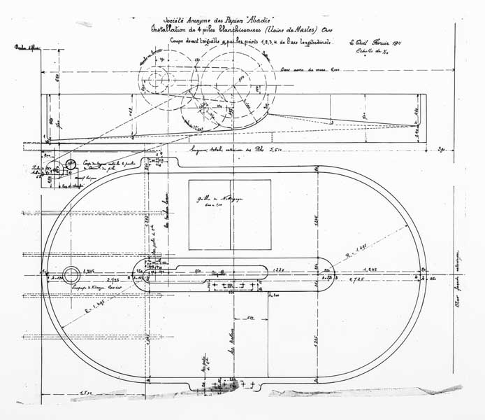 Société Anonyme des Papiers Abadie. Installation de 4 piles blanchisseuses (Usine de Masles) Orne.- Plan, coupe, 1911. (Collection particulière).