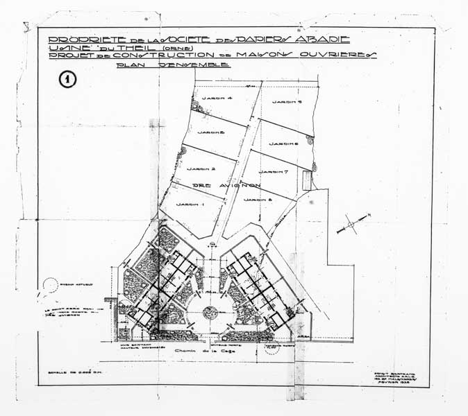 Logements d'ouvriers, rue de la Fontaine. Propriété de la Société des papiers Abadie. Usine du Theil (Orne). Projet de construction de maisons ouvrières. Plan d'ensemble.- Plan, d'Ernest Bertrand, 1926. (Collection particulière).