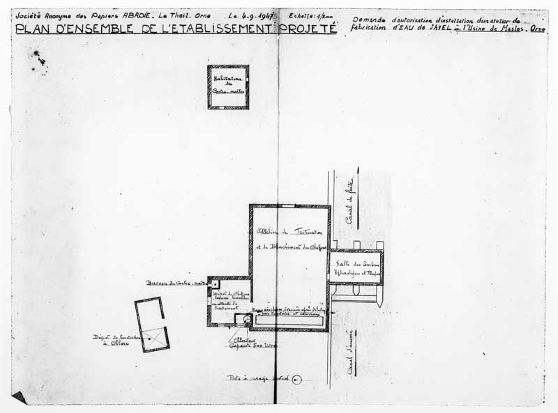 Société Anonyme des Papiers Abadie. Le Theil. Orne. Demande d'autorisation d'installation d'un atelier de fabrication d'eau de Javel à l'Usine de Masles. Orne. Plan d'ensemble de l'établissement projeté.- Plan, 1947. (Collection particulière).