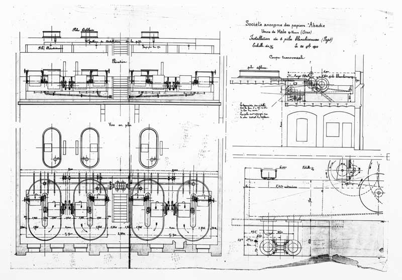 Société anonyme des papiers Abadie. Usine de Male sur Huisne (Orne) Installation de 4 piles blanchisseuses (Projet).- Plan, coupe, élévation, 1910. (Collection particulière).