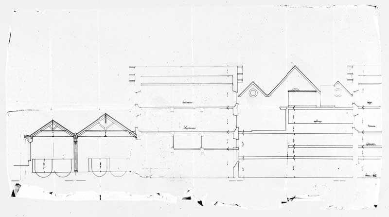 Ateliers de fabrication (2) et (3) et salle du raffinage.- Elévations, s.d. (Collection particulière).