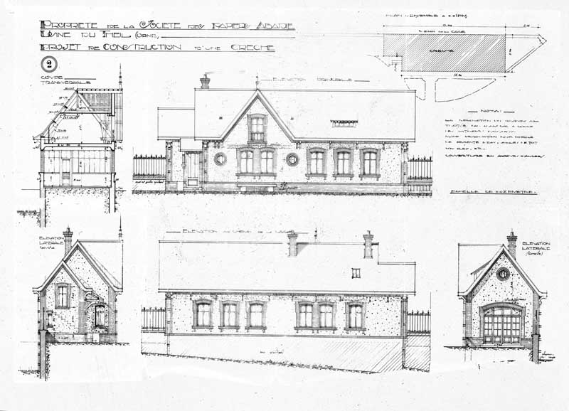 Projet de construction d'une crèche.- Plan, coupe et élévations, d'Ernest Bertrand, 1928. (Collection particulière).