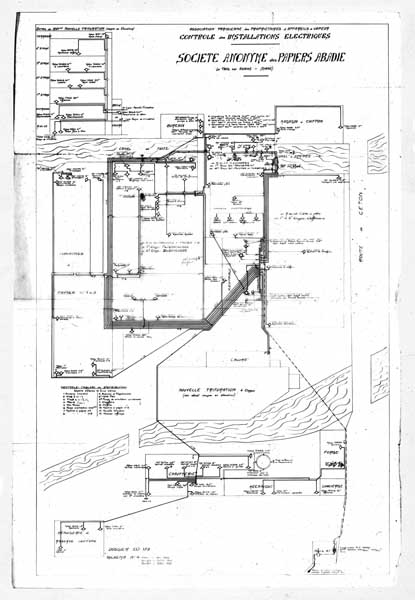 Association parisienne des propriétaires à appareils à vapeur, contrôle des installations éléctriques. Société anonyme des papiers Abadie. Le Theil sur Huisne. (Orne).- Plan, 1936. (Collection particulière).