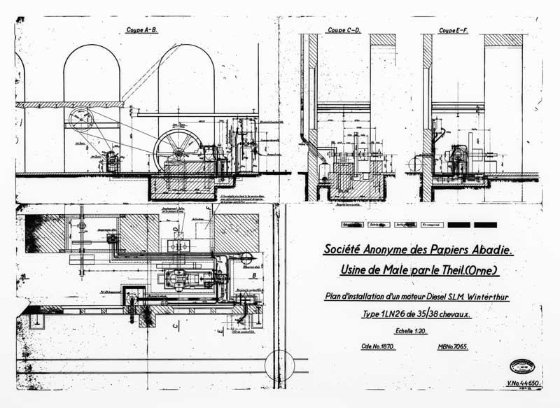 Société Anonyme des Papiers Abadie. Usine de Male par le Theil (Orne). Plan d'installation d'un moteur Diesel S.L.M. Winterthur Type 1LN26 de 35/38 chevaux.- Plan et coupe, 1931. (Collection particulière).