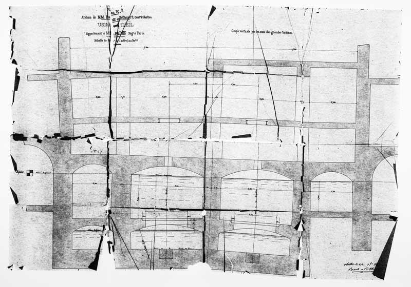 Usine du Theil appartenant à Mr Abadie, nég. à Paris. Coupe verticale par les axes des grandes turbines.- Plan, coupe, par Brault et Béthouard, 1865. (Collection particulière).