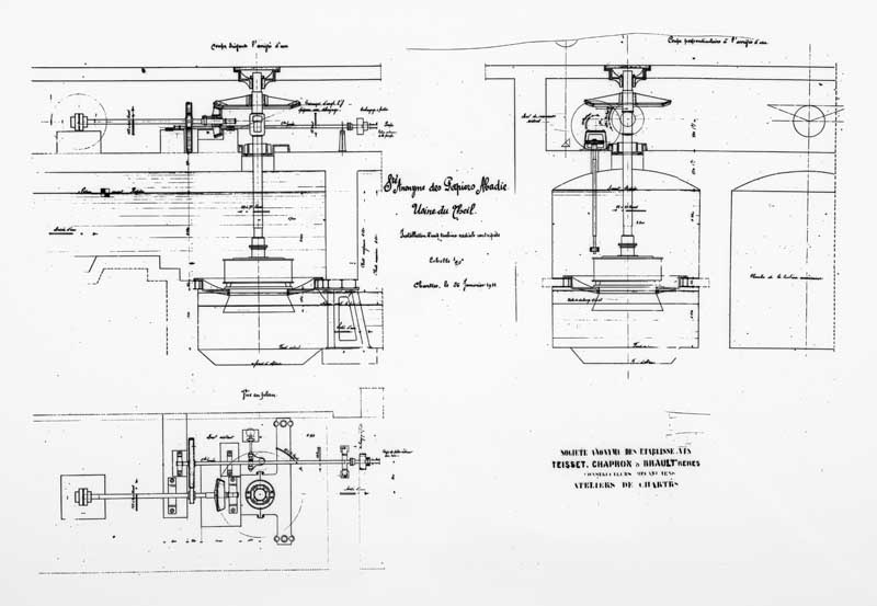 Sté Anonyme des Papiers Abadie. Usine du Theil. Installation d'une turbine radiale centripète.- Plan et coupes, 1911. (Collection particulière).