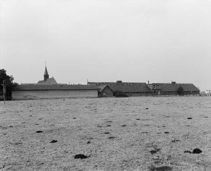 Vue d'ensemble des étables à vaches, prise de l'est.