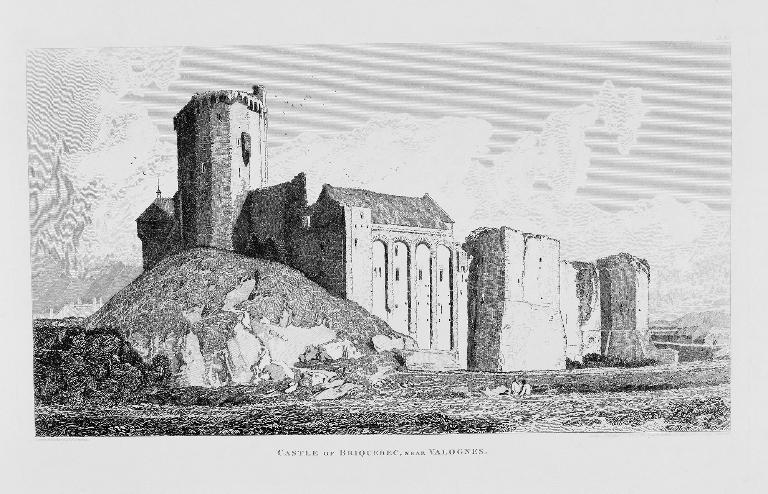 Castle of Bricquebec, near Valognes [vue d'ensemble depuis le sud-ouest].- Lithographie, tirée de Architectural Antiquities of Normandy, vol. II / John Sell Cotman, juillet 1822, p. 77.