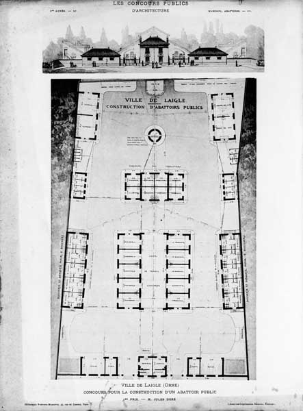Les concours publics d'architecture. Ville de l'Aigle (Orne). Concours pour la construction d'un abattoir public. 1er prix, M. Jules Doré.- Plan, vers 1901.