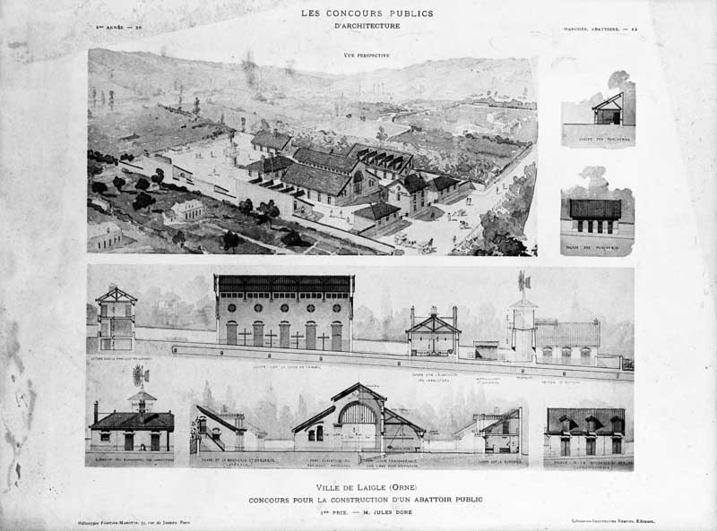 Les concours publics d'architecture. Ville de l'Aigle (Orne). Concours pour la construction d'un abattoir public. 1er prix, M. Jules Doré.- Plan, vers 1901.