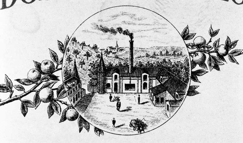 Entrée de l'usine et chaufferie.- Dessin, vignette figurant sur une carte de visite, s.d., 2éme quart 20eme siècle.