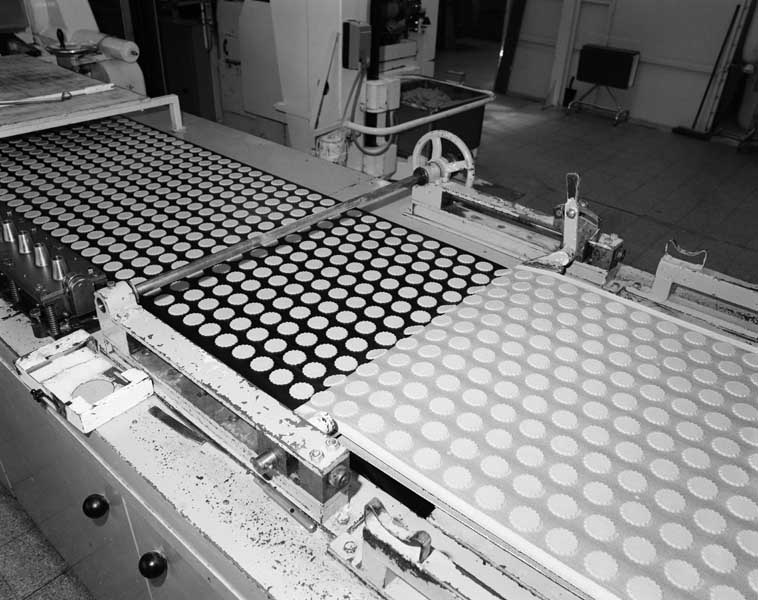 Convoyage des biscuits impressionnés vers le four.