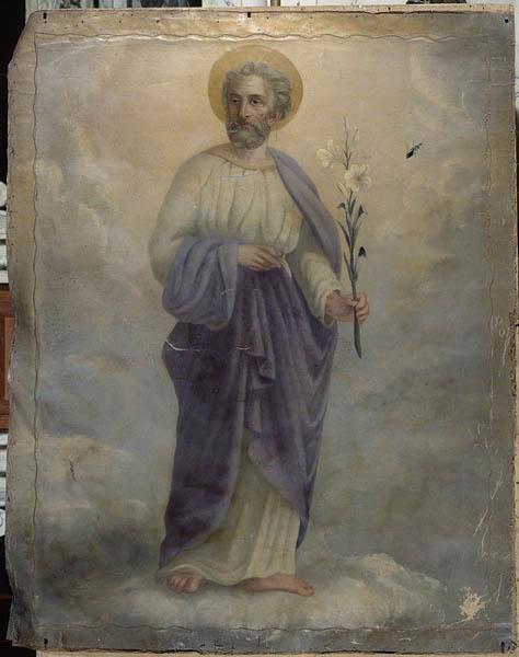 Bannière de procession de paroisse : saint Côme, saint Damien, saint Joseph