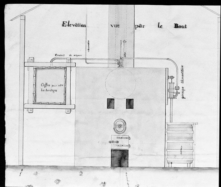Ensemble industriel dit entreprise Voisard : chaudière à bordages. Elévation vue par le bout.