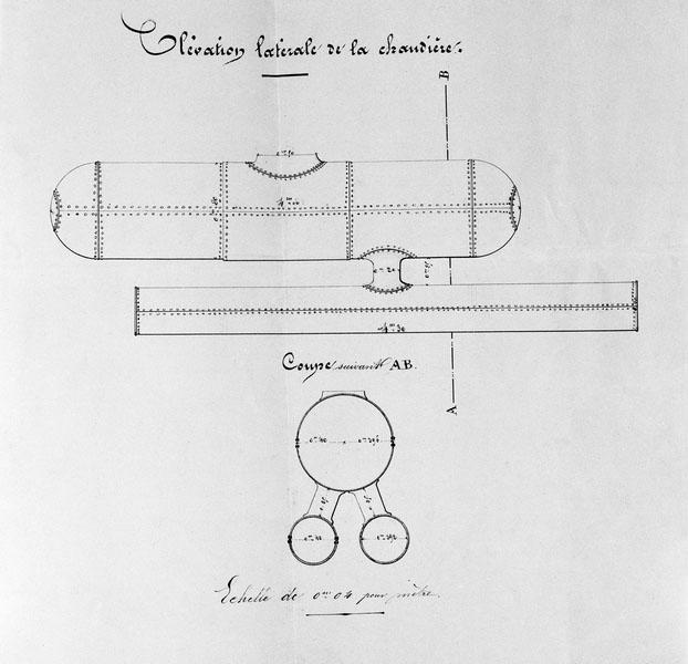 Ensemble industriel dit entreprise Lemière : élévation latérale de la chaudière. [Générateur cylindrique à deux bouilleurs, coupe et élévation].