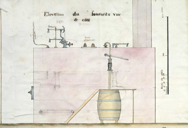 Honfleur. Ensemble industriel dit entreprise Voisard à Honfleur : chaudière à bordages. Elévation du fourneau vue de côté.- Elévation en couleurs. (AD Calvados).
