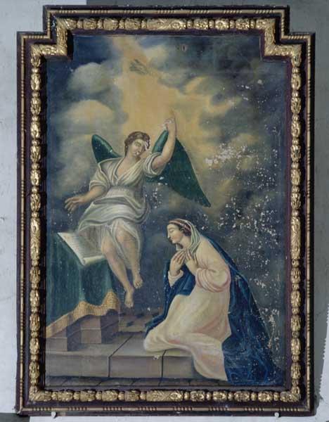 2 tableaux et cadres (en pendant) : Annonciation, saint Clair