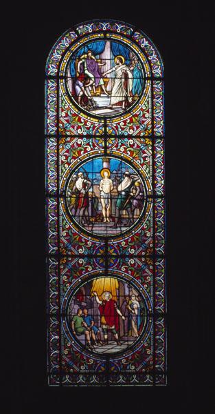 Ensemble de 3 verrières figurées : Vie du Christ, Vie de saint André, Vie de saint Sébastien