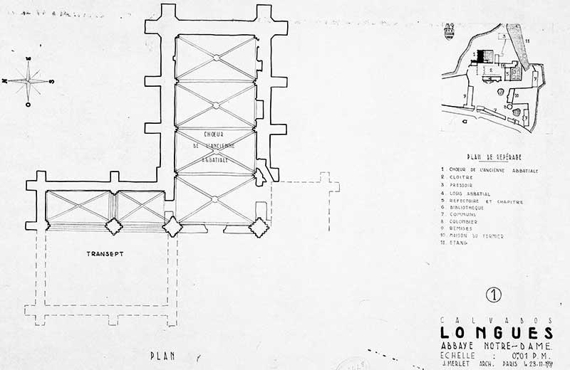 Calvados. Longues. Abbaye Notre-Dame. Plan de repérage [de l'église au niveau du sol].