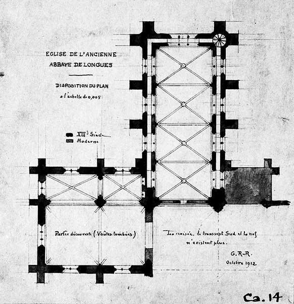 Eglise de l'ancienne abbaye de Longues, [plan au niveau des fenêtres].