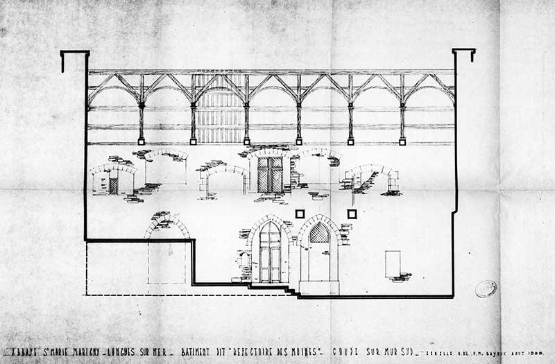 Abbaye Ste Marie Marigny. Longues-sur-Mer. Bâtiment dit 'réfectoire des moines'. Coupe sur mur sud.