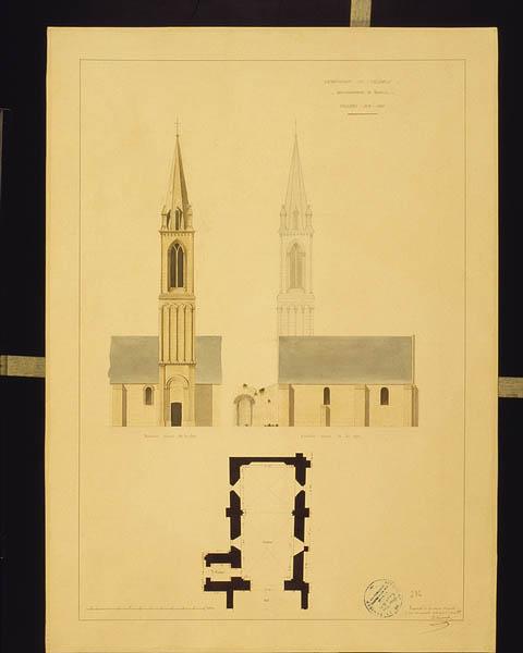 Villiers-sur-Port. [Choeur : plan]. Elévation suivant AB du plan. Elévation suivant CD du plan.